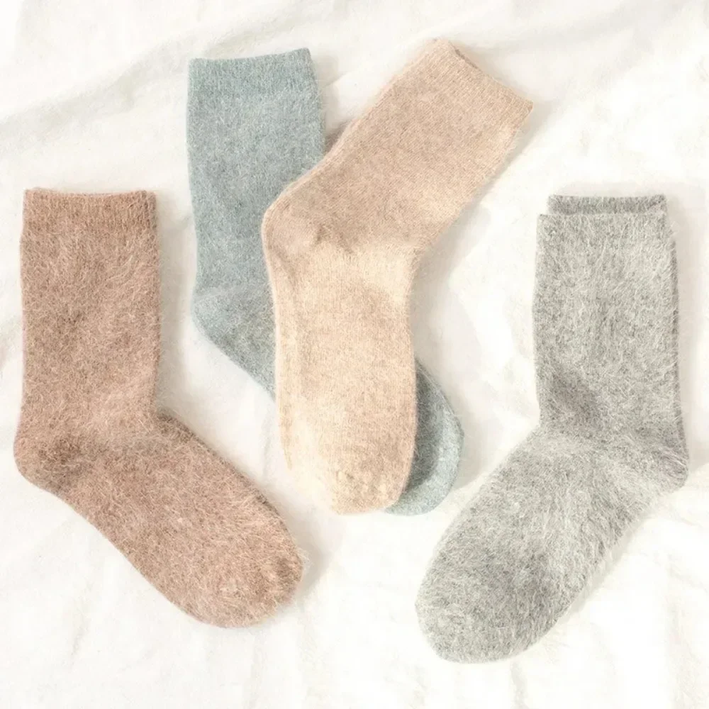 Pure Color Warm Winter Socks Angora Rabbit Hair Female Thickening Wool Socks Cotton Socks Rabbit Wool  Winter