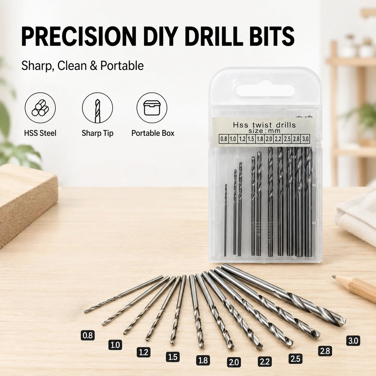 10Pcs Mini HSS Twist Drill Bit Set 0.8-3.0mm, Straight Shank Small Precision Drill Bits with Storage Box for Wood Plastic DIY Mo