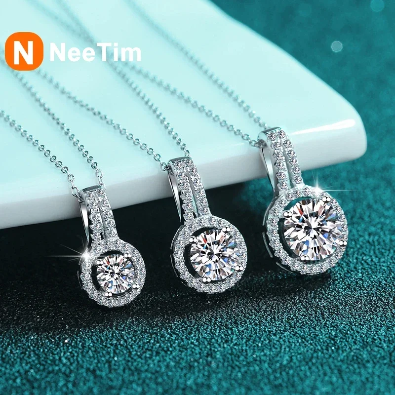 NeeTim 1ct 2ct 5ct D Color Moissanite Diamond Top Quality with Gold Plated Drop Pendant Necklace Fine Jewelry Gifts Wholesale