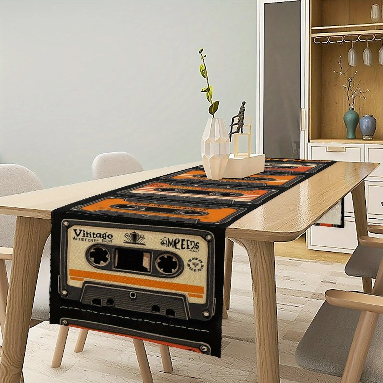 JIT 1 pc Vintage Cassette Tape Printed Table Runner 2D Flat Print Retro Home Decor Dining Table Decoration Nostalgic Charming