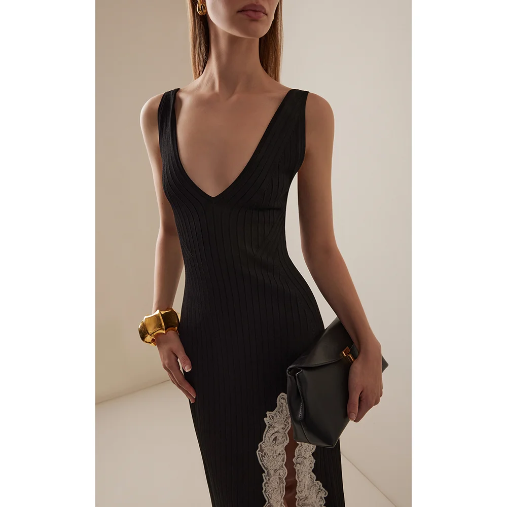 Sexy Black Deep V Neck Sheath Evening Dress For Women 2025 Exquisite Lace Patchwork Side Slit Prom Gowns
