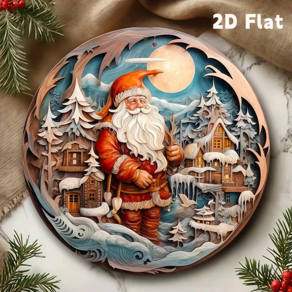 Fantesi 1 قطعة إكليل عيد الميلاد علامة معدنية مستديرة جدار ديكور سانتا الشتاء المشهد شنقا زخرفة #1