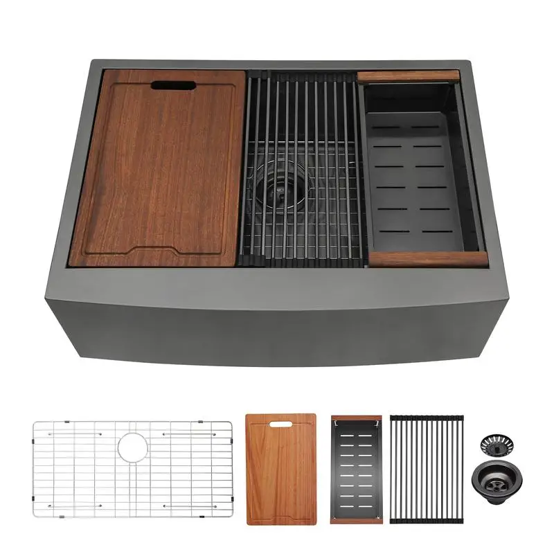 

33"x22"x10" Farmhouse Apron Single Bowl Stainless Steel Kitchen Sink with Workstation - Durable Design for Efficient Food Prep