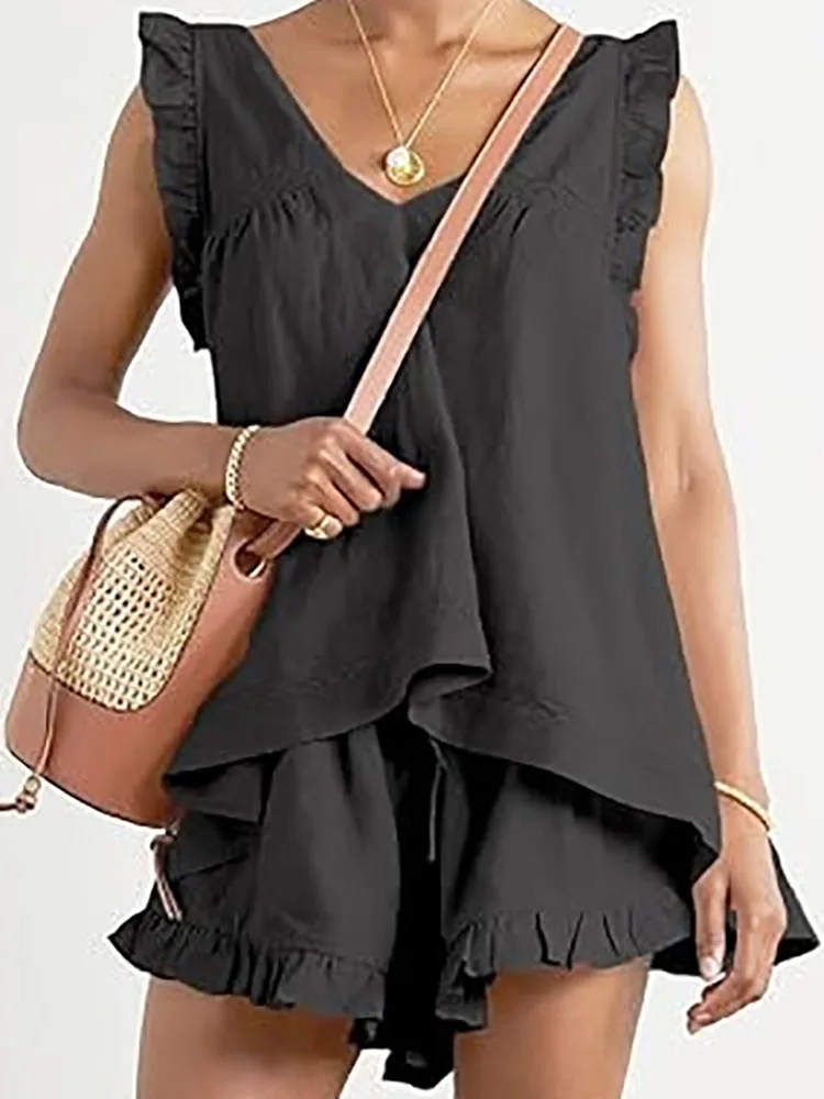 

Women Sexy V Neck Loose Top Pullover & Tie-up Shorts Set French Style Solid Hollow Out Lace Homewear Suits Summer Ruffle Outfits