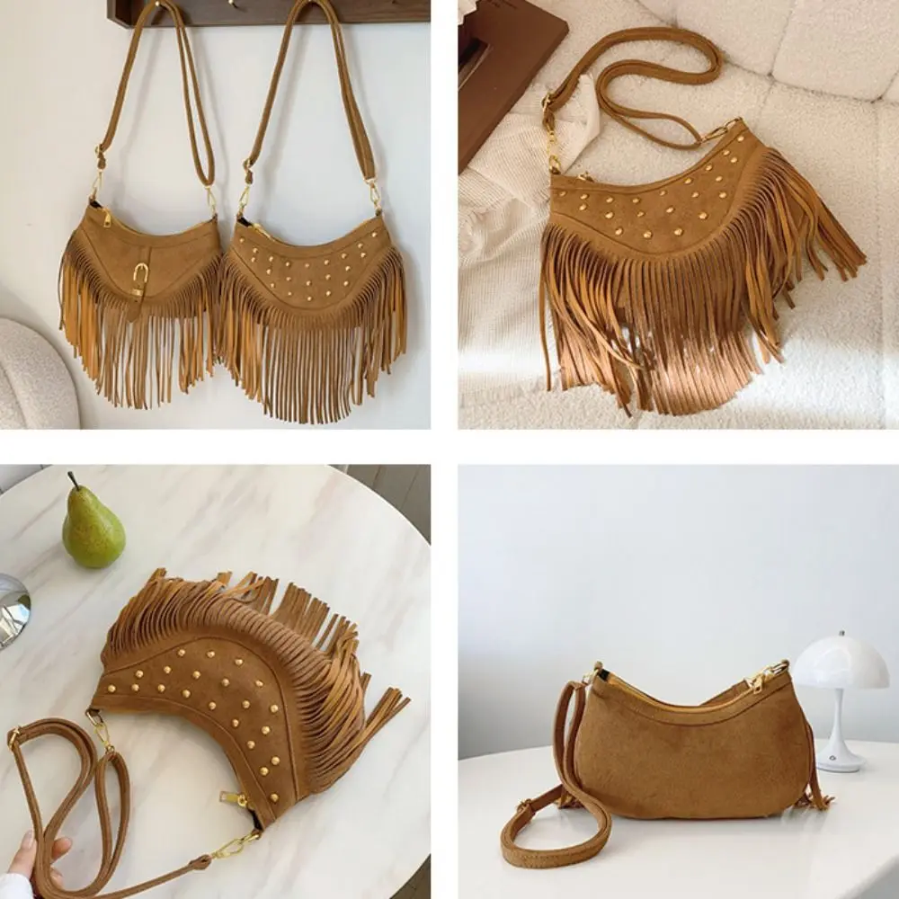 الحلو الكورية نمط شرابة حقيبة كتف خمر بولي Leather الجلود الجلد المدبوغ حقيبة كروسبودي برشام سعة كبيرة حقيبة يد نمط العرقية في الهواء الطلق