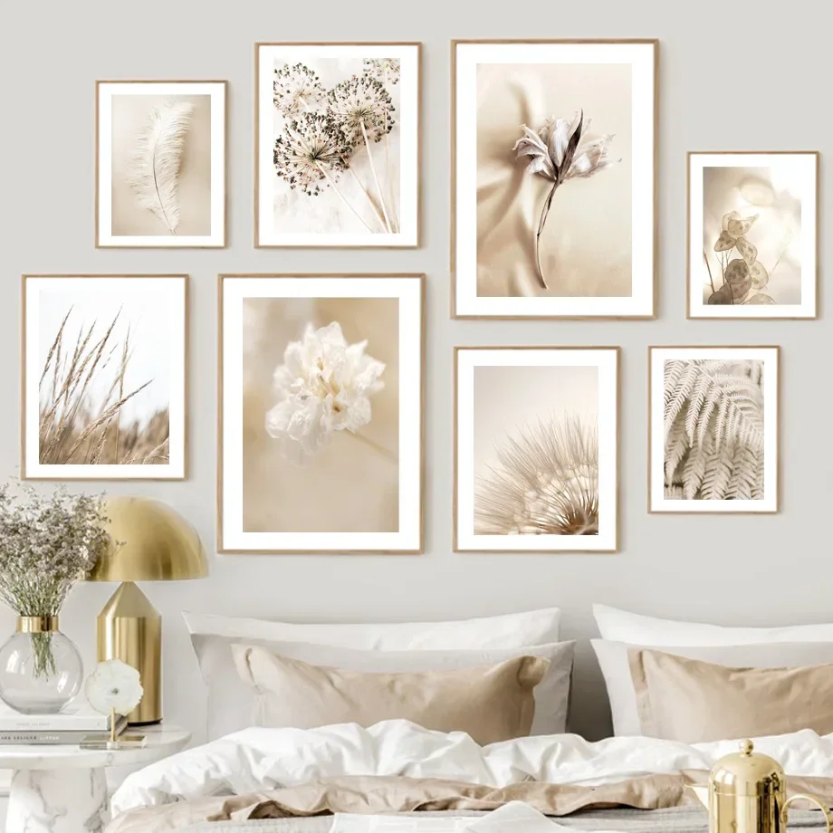Beige Trockenblumen Löwenzahn Schilfrohr Feder Wandkunst Leinwanddruck Nordische Poster und Drucke Wandbilder für Wohnzimmerdekoration