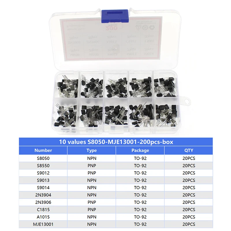 200PCS PNP NPN Transistor Kit 2N2222 2N3904 2N3906 BC337 BC547 BC557 S8050 S8550 S9012 S9013 10 valore Transistor triodo box set