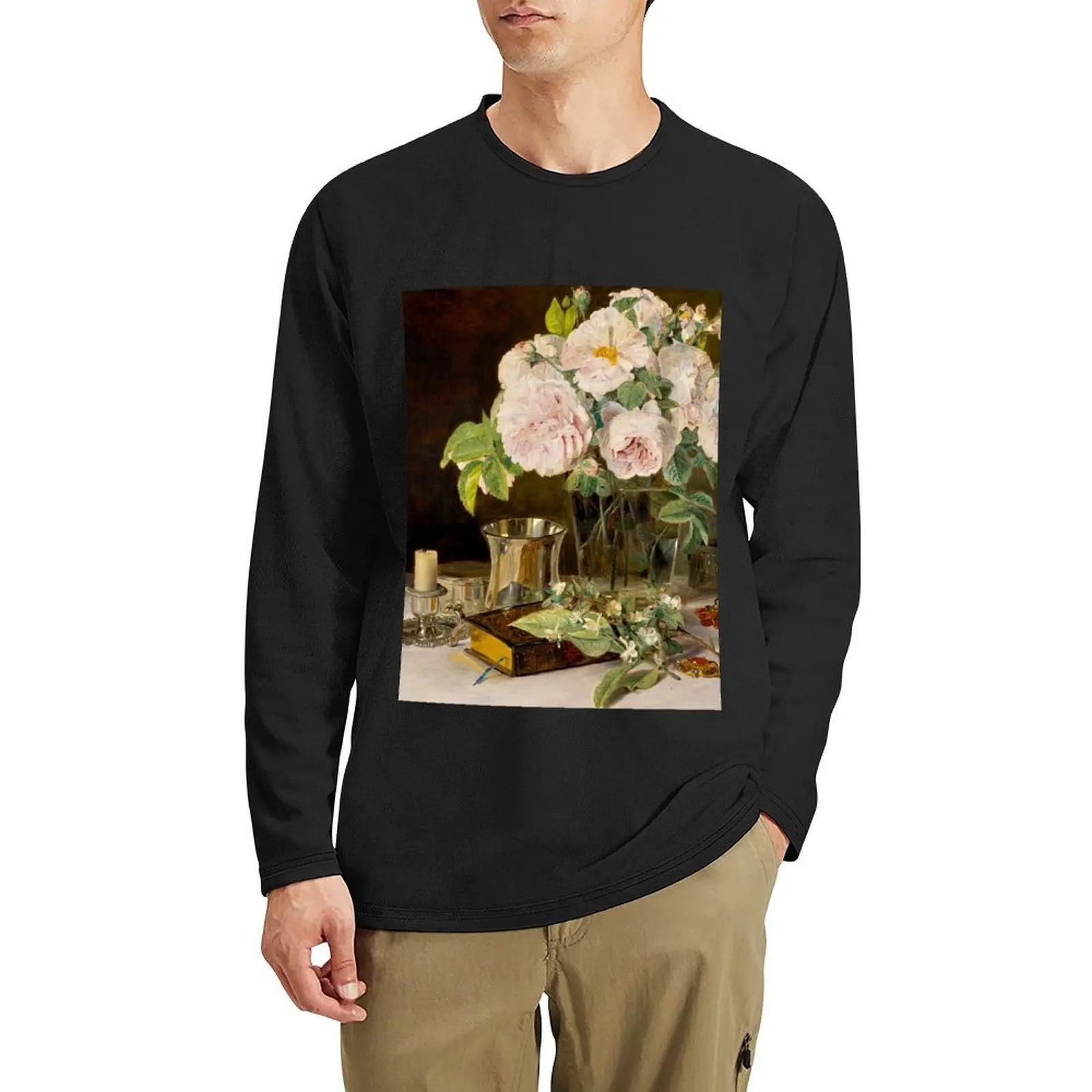 

Still Life of Roses in a Glass Vase, A Candlestick, A Book, and Silver Cup by Ferdinand Georg Waldmüller (retouched Long T-Shirt