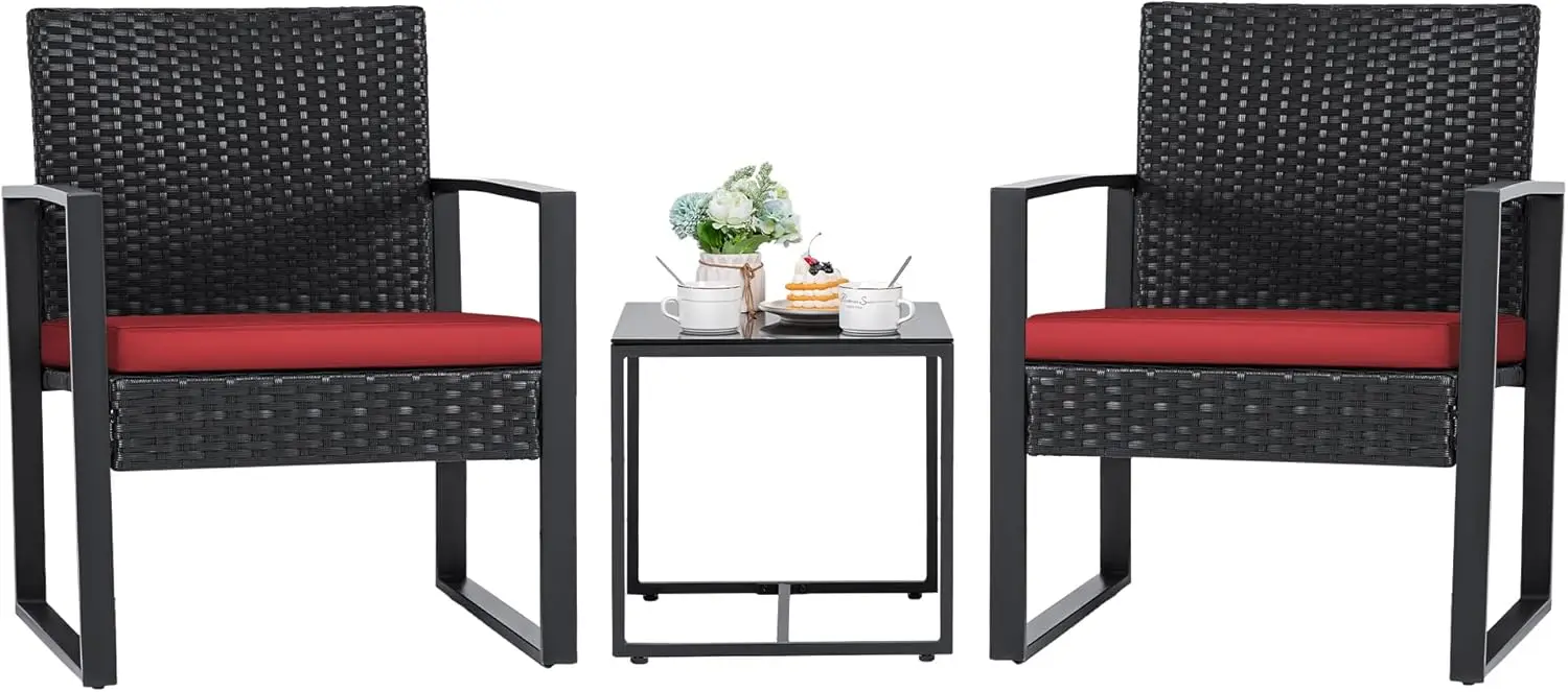 

3 Pieces Wicker Patio Furniture Outdoor Modern Rattan Chair Conversation Sets With Coffee Table For Yard And Bistro (Red)