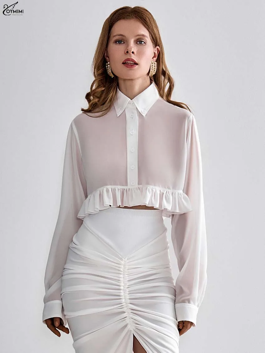 

Oymimi Summer White Slim Woman Blouses Elegant Turn-Down Collar Long Sleeve Shirts Casual Single Breasted Ruffled Crop Shirts