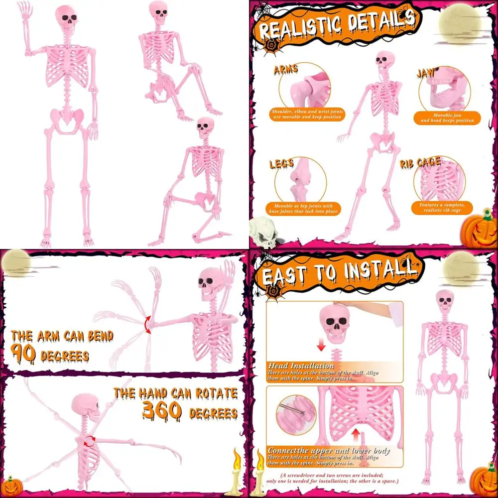 

Розовый скелет на Хэллоуин всего тела с подвижными шарнирами — пластиковые кости в натуральную величину для декоративной витрины