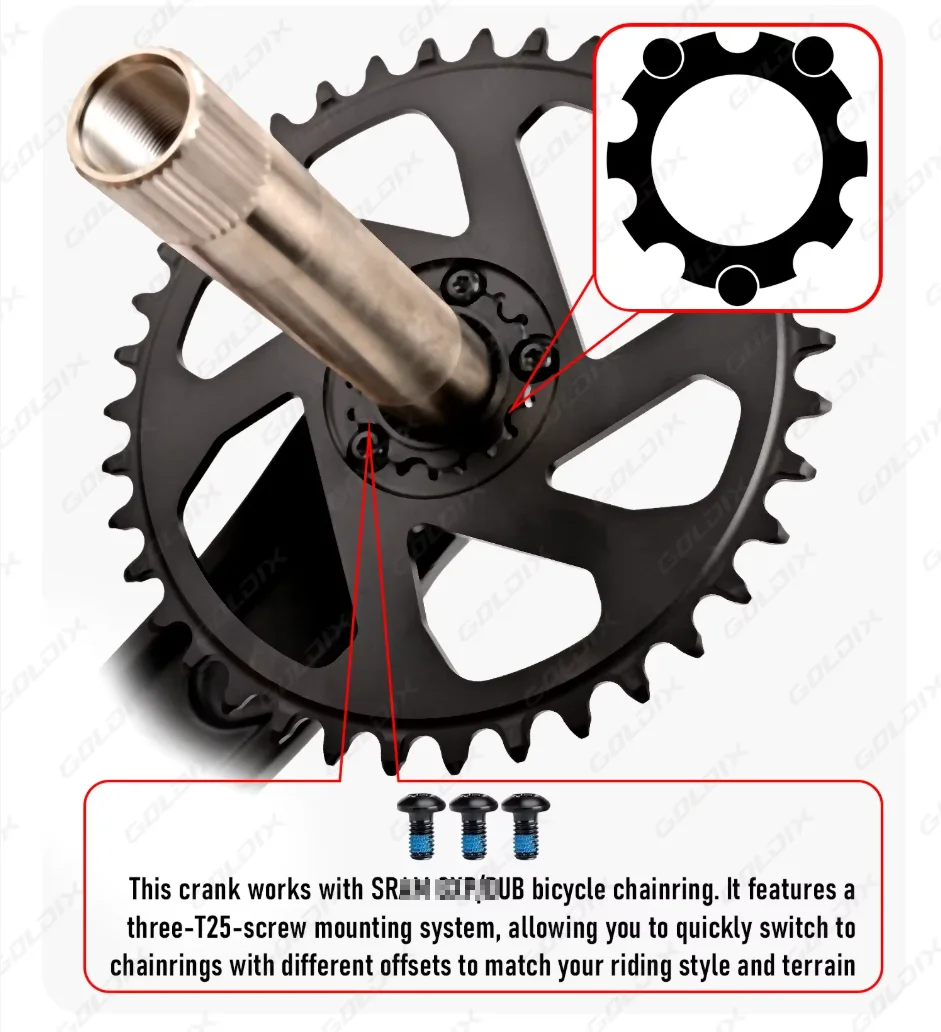 GOLDIX MTB-Kurbelgarnitur 165/170/175mm, geschmiedete Aluminiumlegierung, 3-Bolzen-Direktmontage, schmales-breites Kettenblatt, hochfeste Fahrradkurbelgarnitur – Detail 8