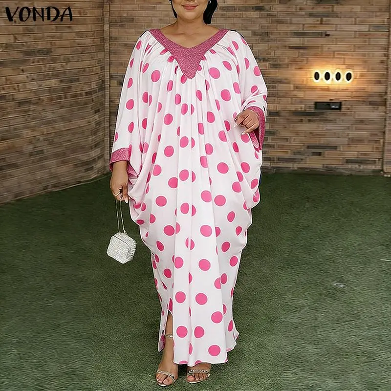 

VONDA Women Plus Size Dresses Summer Spring Long Sleeve V Neck Patchwork Dot Long Maxi Dress Streetwear Party OL Work Vestidos