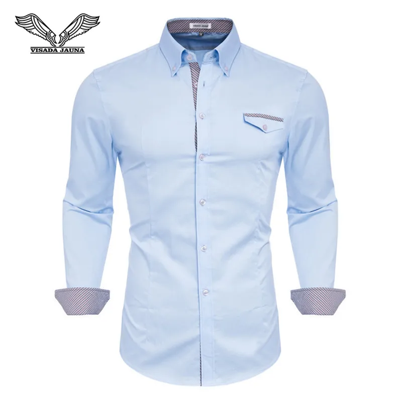 VISADA JAUNA 2019 Men's Plaid Panel Soild Color Business Male Fashion Lapel Casual Long Sleeve Shirt Big Size S-3XL TLH76