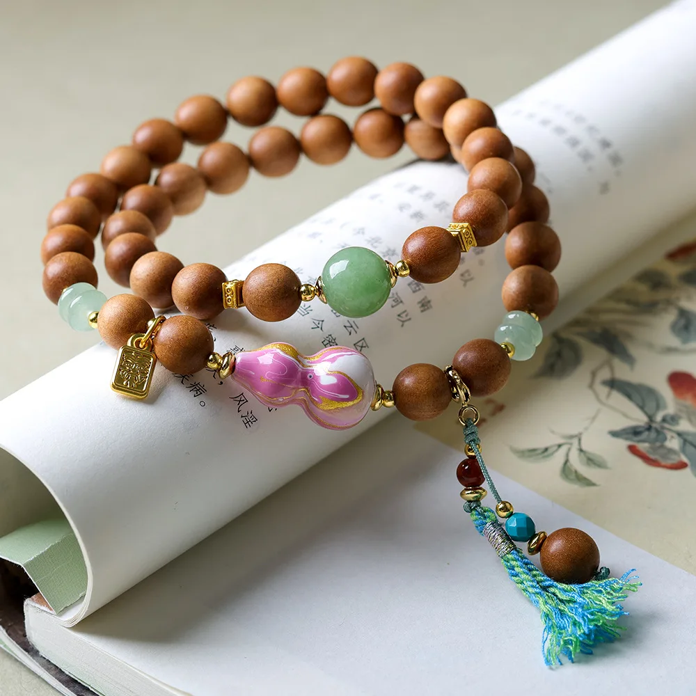 

New Old Mountain Sandalwood Double Loop Bracelet Original Literature Large Lacquer Gourd Chinese Style Strings