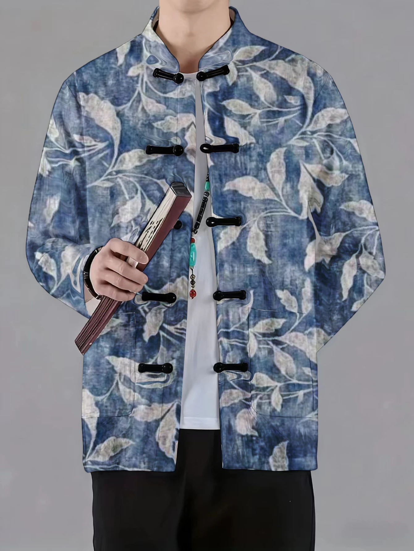 Men Mandarin Collar Frog Button Jacket Crane Bird Floral Art Print Traditional Outerwear - view 5