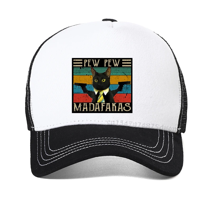 funny cat Pew Pew Madafakas Print Women hat Summer Breathable mesh trucker hat Graphic Double Gun Cat Funny men baseball cap