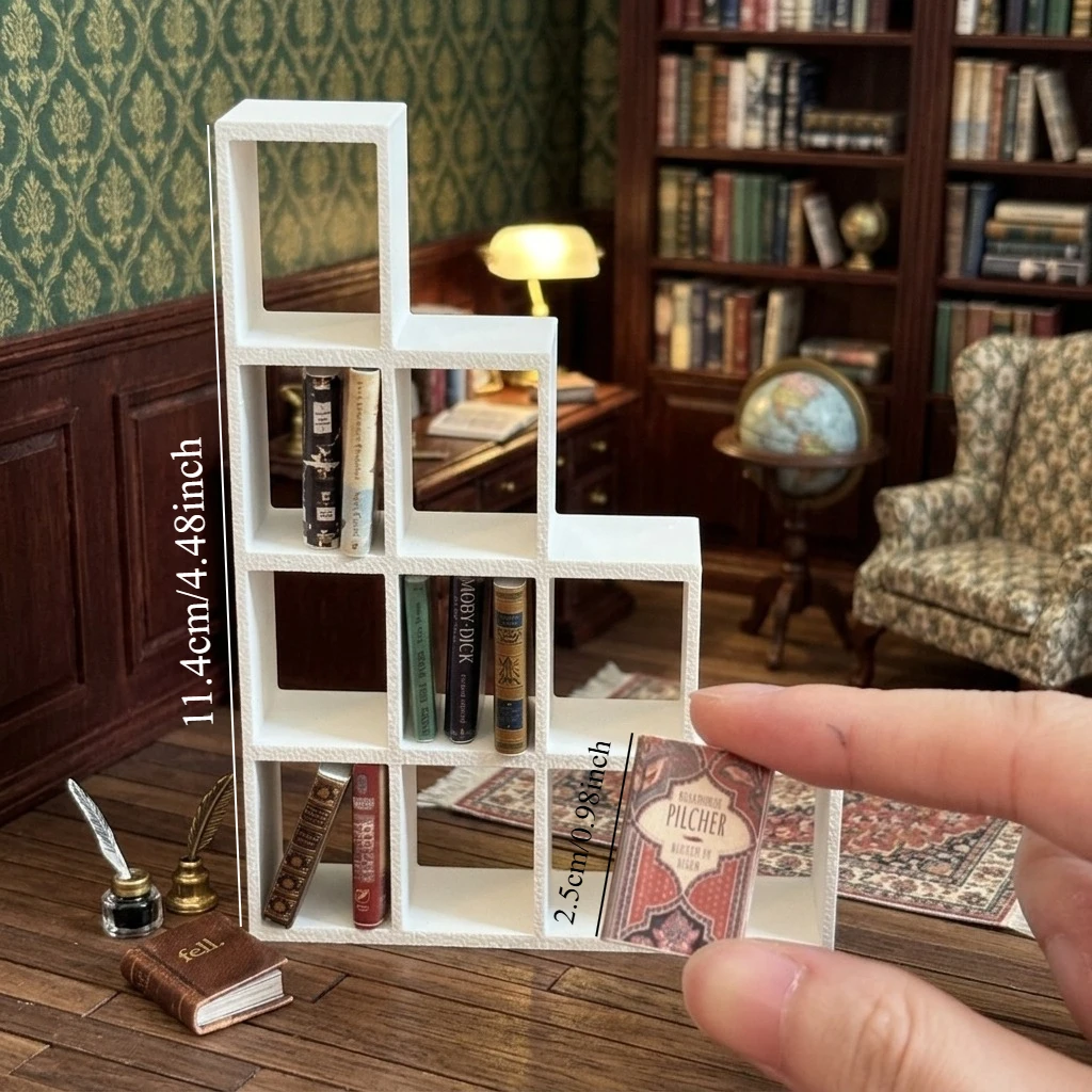 Miniature Staircase Bookshelf Set, Including 8 Random Retro Mini Model Books, White Multi Grid Hollow Bookshelf Display Rack