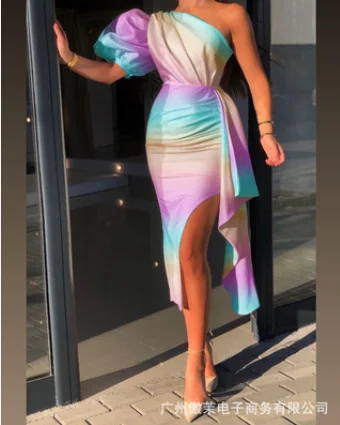 

2026 Summer New Fashionable Slimming Single Shoulder Lantern Sleeves with Waist Drawback and Side Split Tight Dress