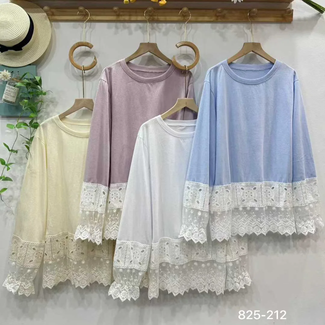 

Women Sweet Mori Girl Lace Patchwork Cotton T-Shirt Autumn New O-Neck Long Sleeve Casual Loose T Shirt Pullover Tops