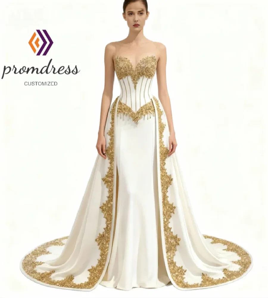 Luxury White And Gold Wedding Dress 2026 Arabic Dubai Satin Country Church Bridal Dress Elegant Hippies Overskirt Bride Dress