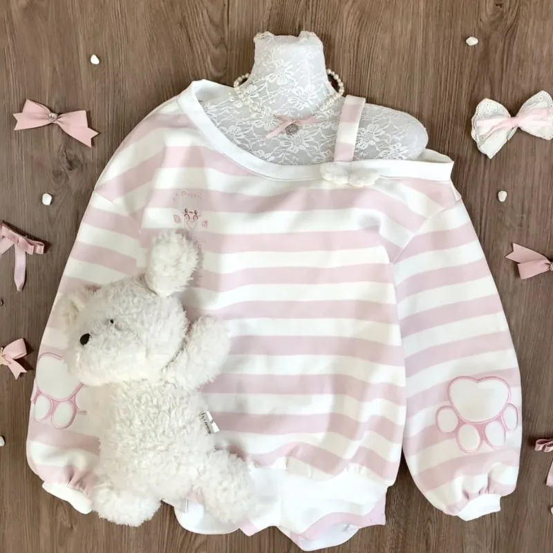 

HOUZHOU Kawaii Pink Striped Sweatshirts Women Cutecore Off Shoulder Long Sleeve Pullovers Sweet Japanese Style Loose Casual