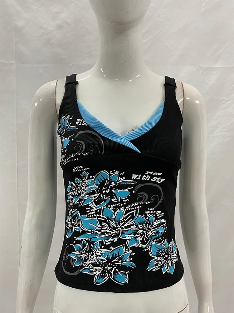 Camisetas Casuais Femininas de Verão com Estampa Floral em Preto e Azul, Decote em V, Lateral com Cordão, Estilo Sexy Slim Y2K Retro