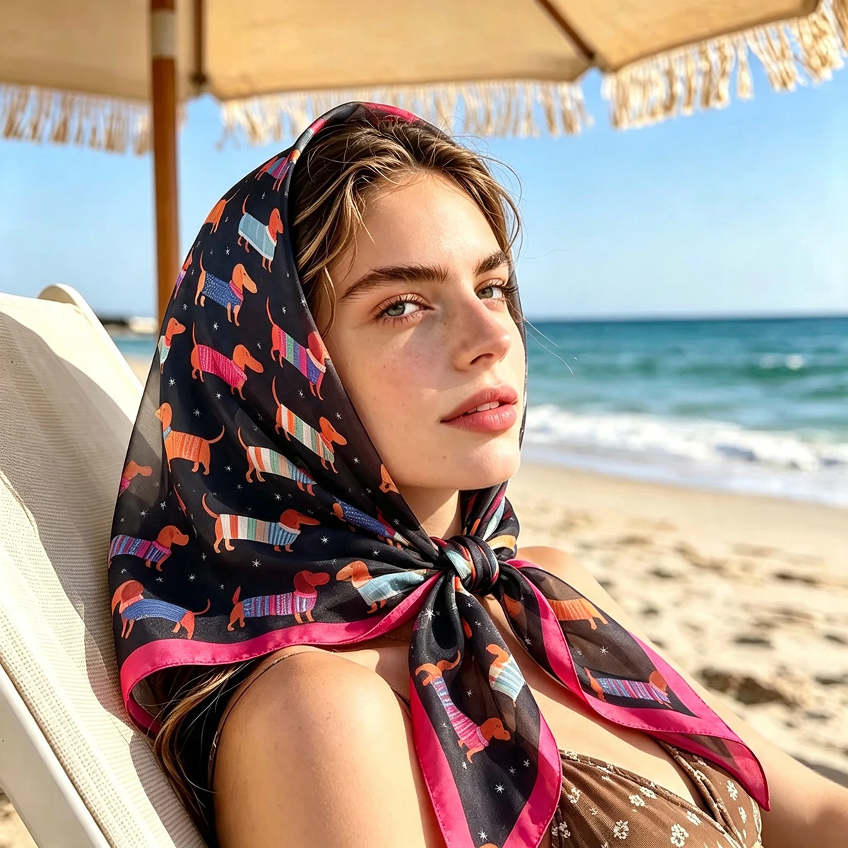 Fashion Wiener Dog Print Square Scarf 70cm for Women Elegant Satin Bandana Neckerchief Hijab Headband Foulard Female Accessory