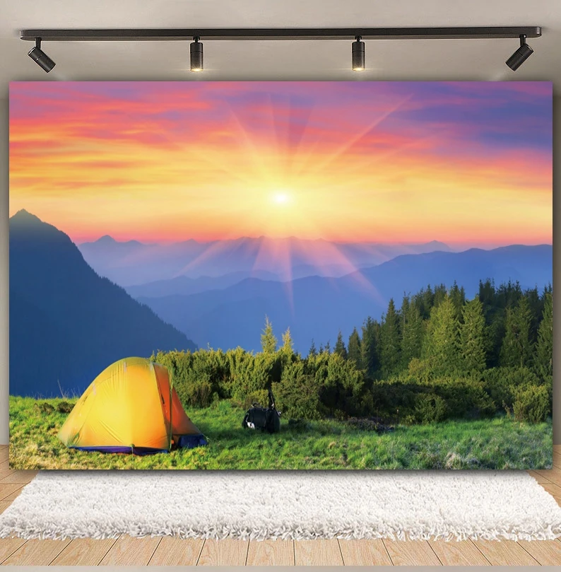 Outdoor Forest Camping Backdrop for Photography Camp Tent Bonfire Mountains Lake Travel Adventure Baby Portrait Photo Background