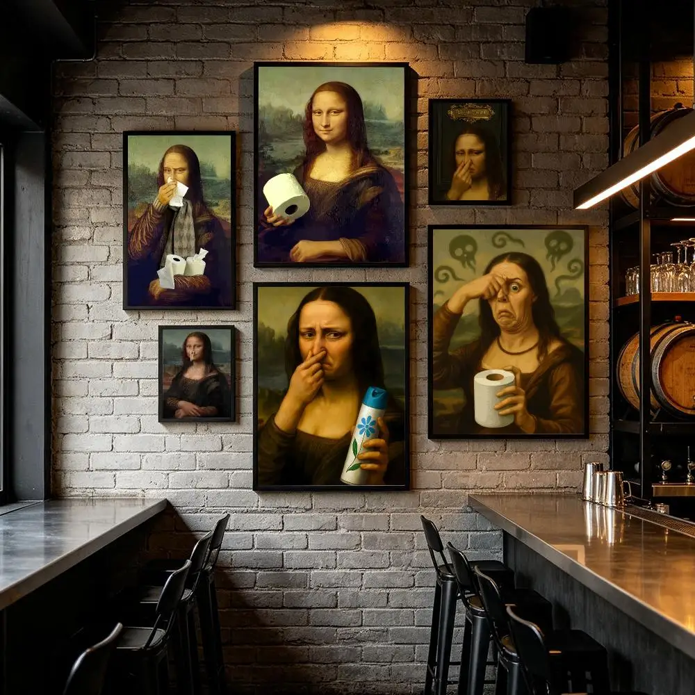 Mona Lisa Holding Toilet Poster HD Home Wall Stickers House Hallway Living Room Bedroom Bar Office Decor Art Prints