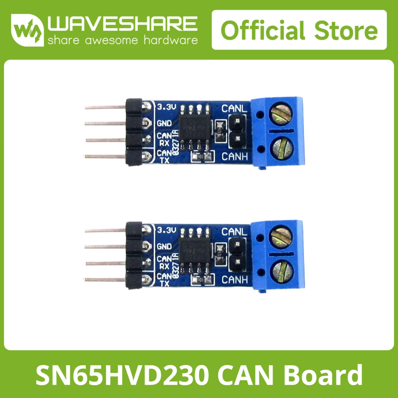 

2pcs/lot Waveshare SN65HVD230 CAN Board Accessory Board Used For Connecting MCUs To The CAN Network, 3.3V, ESD Protection