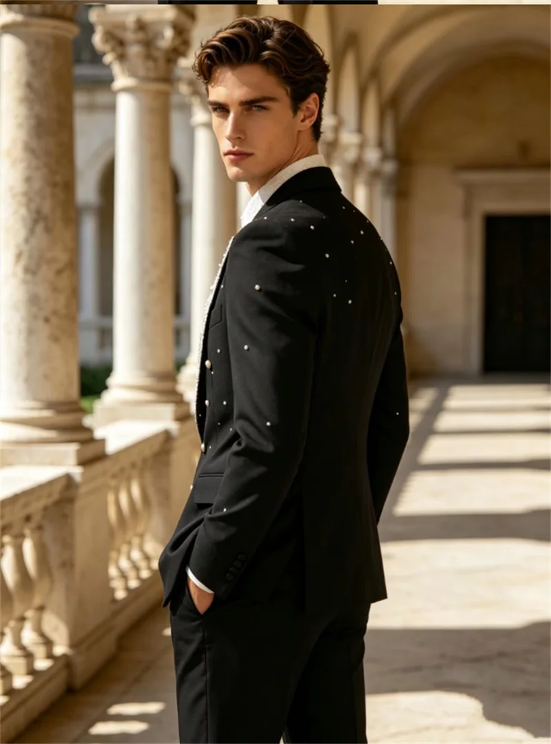 

Black Crystals Men Suit Set 2 Pcs Blazer+Pants White Lace Lapel Prom Wedding Tuxedos Coat Customized Formal Office Groom Jacket