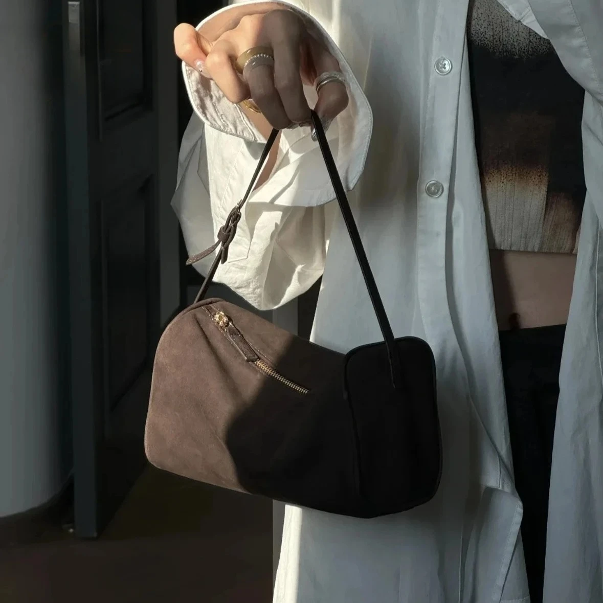 Luxury 90s Pen Holder Bag Genuine Soft Cowhide & Suede Mini Crossbody Bag Hand-Carry Vintage Shoulder Purse for Women