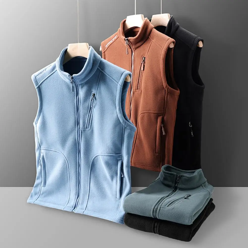 Thermal Insulation Waistcoat Men's Polar Fleece Vest With Zipper Pockets Thermal Insulation Stand-up Collar For Regular