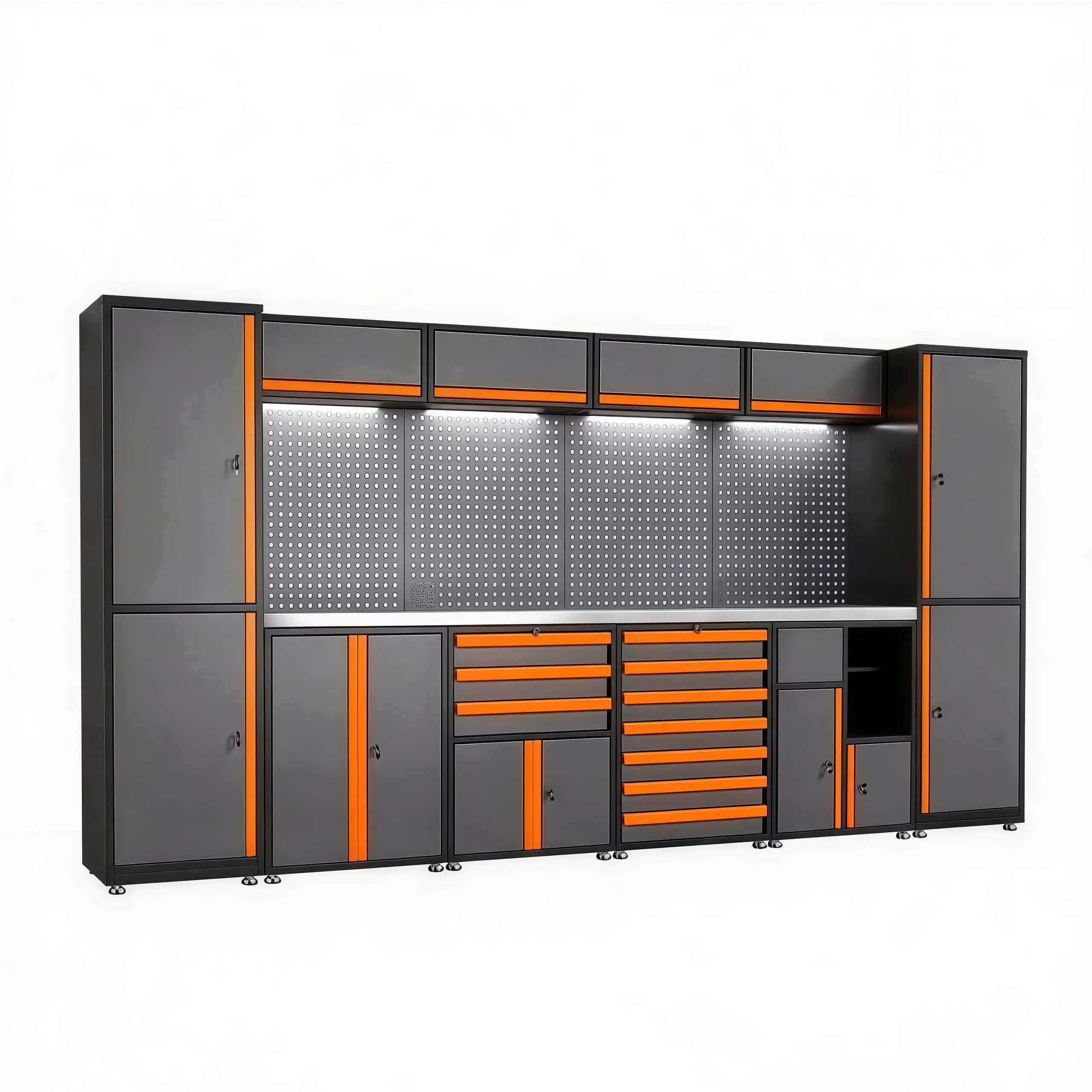 All-in-one L-shaped corner garage cabinet combo set with tool storage drawers and perforated panels