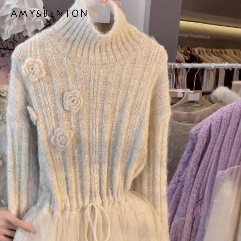 

Осень-зима 2022, женский пуловер с трехмерным цветком и высокой талией, свитер, французский высококачественный вязаный свитер, женские