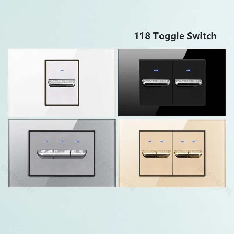 US Mexico Toggle Reset Wall Light Switch 1-4 Gang 2Way 118 Type American Brazil EU Tempered Glass Panel 220V Electrical Switch