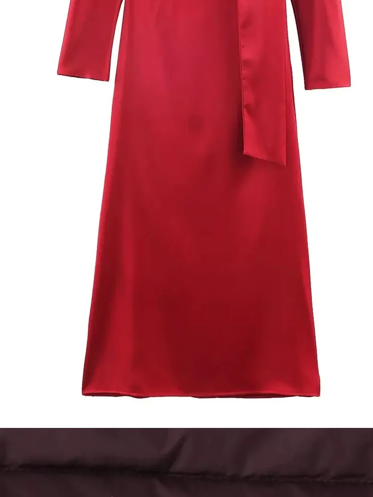 HH Damska Nowa Modna Sukienka z Jedwabiu Satynowego, Elegancka, Prosta, Długa, z Dekoltem w Serek, Dopasowana, z Długim Rękawem, w Kształcie Litery A, Mujer