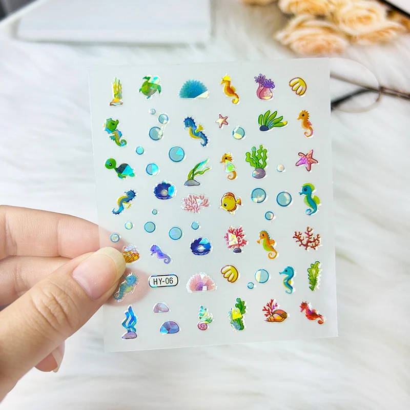 12pcs/Set Colourful Jellyfish Fish Tail Beach Nail Sticker Seasnail Sea Shell Conch 3D Decoration Nail Art Slider Manicure Decal