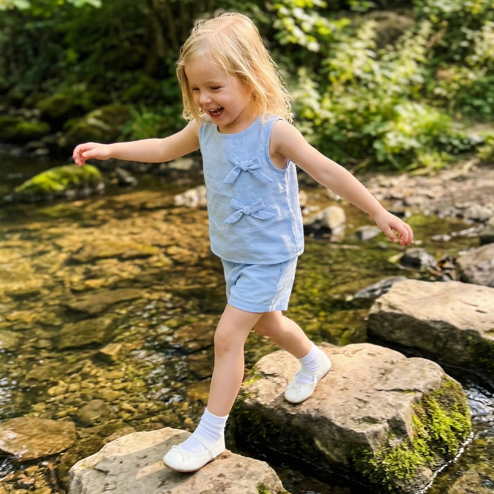 3-10Y Girls Summer 2 Piece Outfits Solid Bow Decor Crew Neck Tank Vest Tops Elastic Waist Shorts Children's Sets