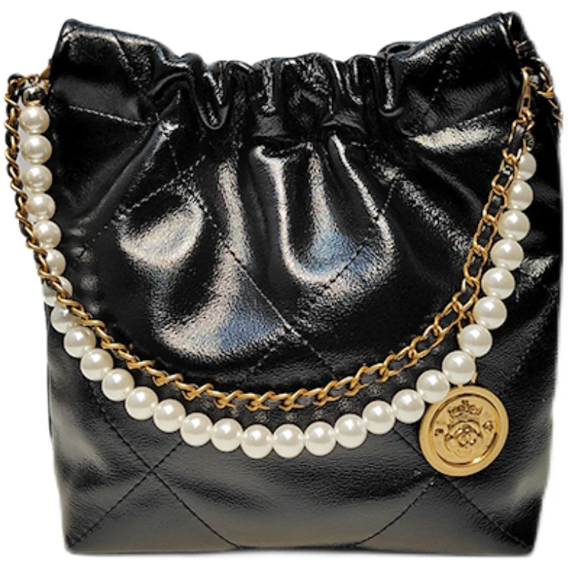 

Leather Buet Bag Women's Single oulder Crossbody Bag Pearl Chain Pure Color Casual Handbag Soft Polyester