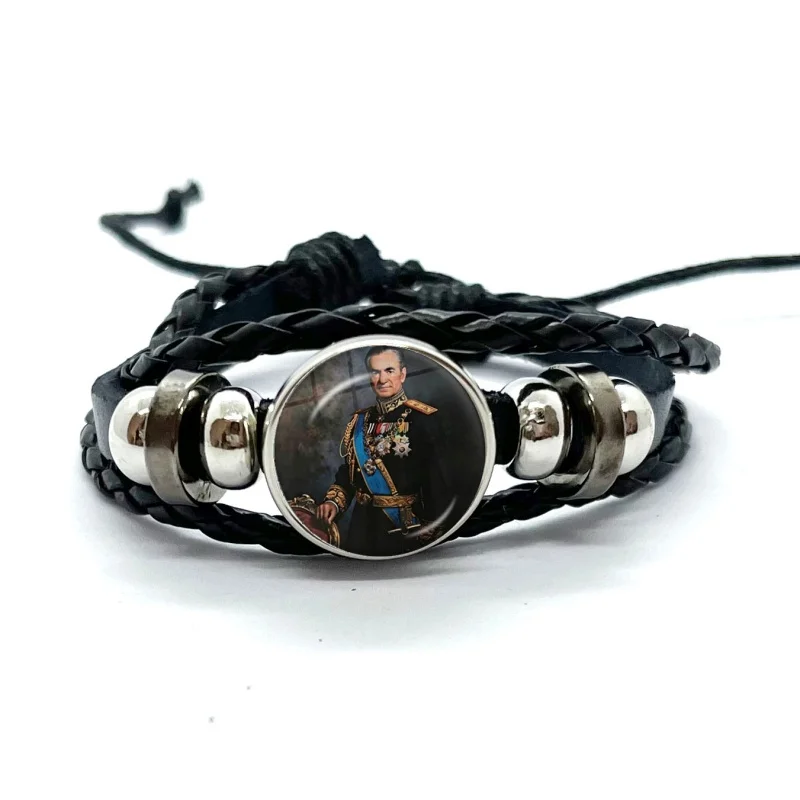 Mohammad R-Reza Pahlavi Iran Insignia Leather Bracelets Glass Dome Snap Button Bracelet & Bangles Fashion Women Men Jewelry