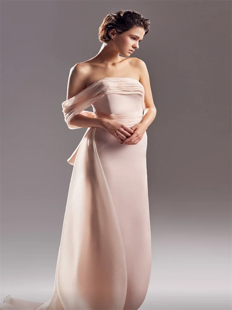 Hot Selling Off-Shoulder Straight Chiffon Neckline Evening Dress Open Back Zipper With Bow Floor Length Sweep Train Party Gowns