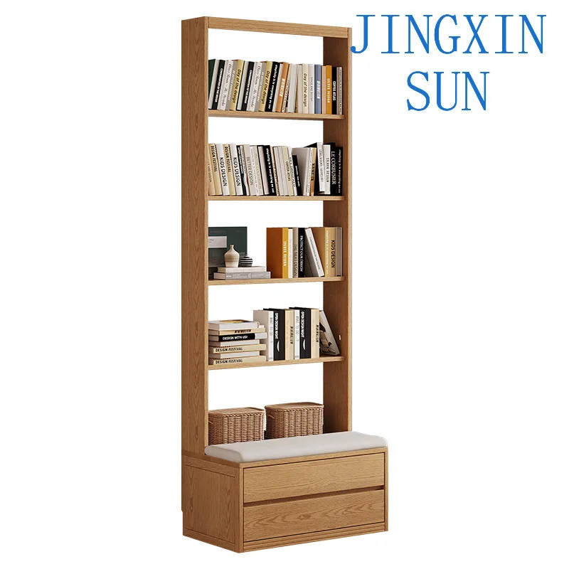 Solid wood full wall bookcase combination card seat floor bookshelf integrated oak whole wall to top living room stool