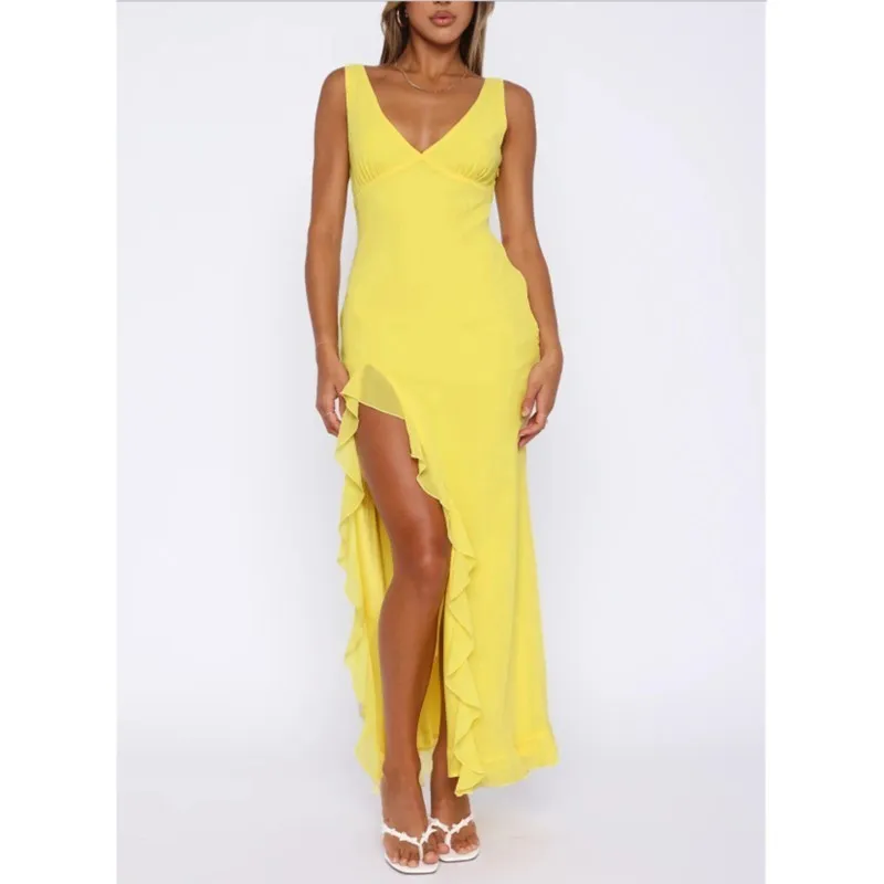 

Sexy V-neck Long Dress Summer Solid Color Slim Strap Ropa Mujer Sleeveless High Waist Fashion Vacation Party Dress For Female