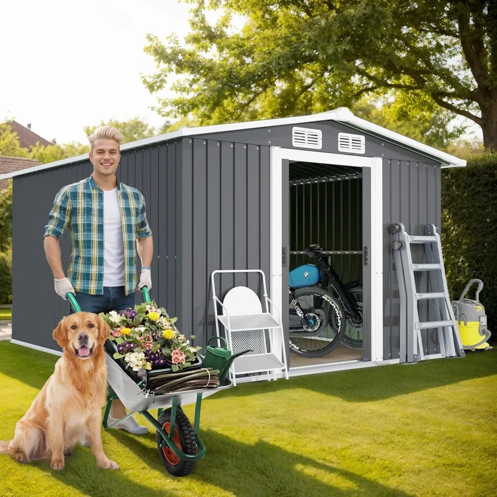 

10 x 8 FT Outdoor Storage Shed, Metal Garden Shed with 2 Lockable Sliding Doors & 4 Air Vents, Large Tool Shed with Storage Hook