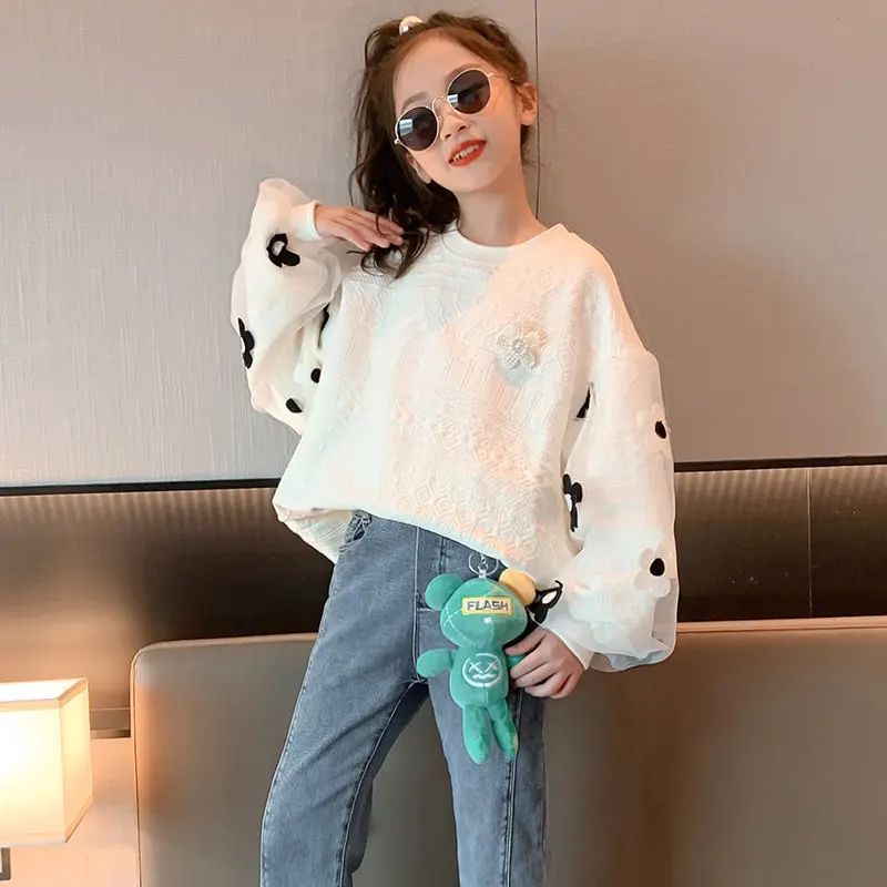 Autumn New Children Sweatshirt with Flower Clothes Cute Kids Girls Solid Color Korean Sweatshirt Fashion Teenager School Tops