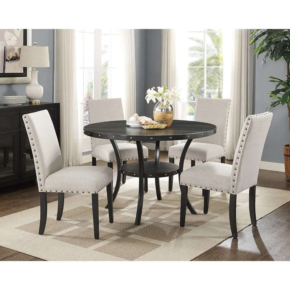 Dining Collection Espresso Wood Set Fabric Nailhead Chairs, Tan