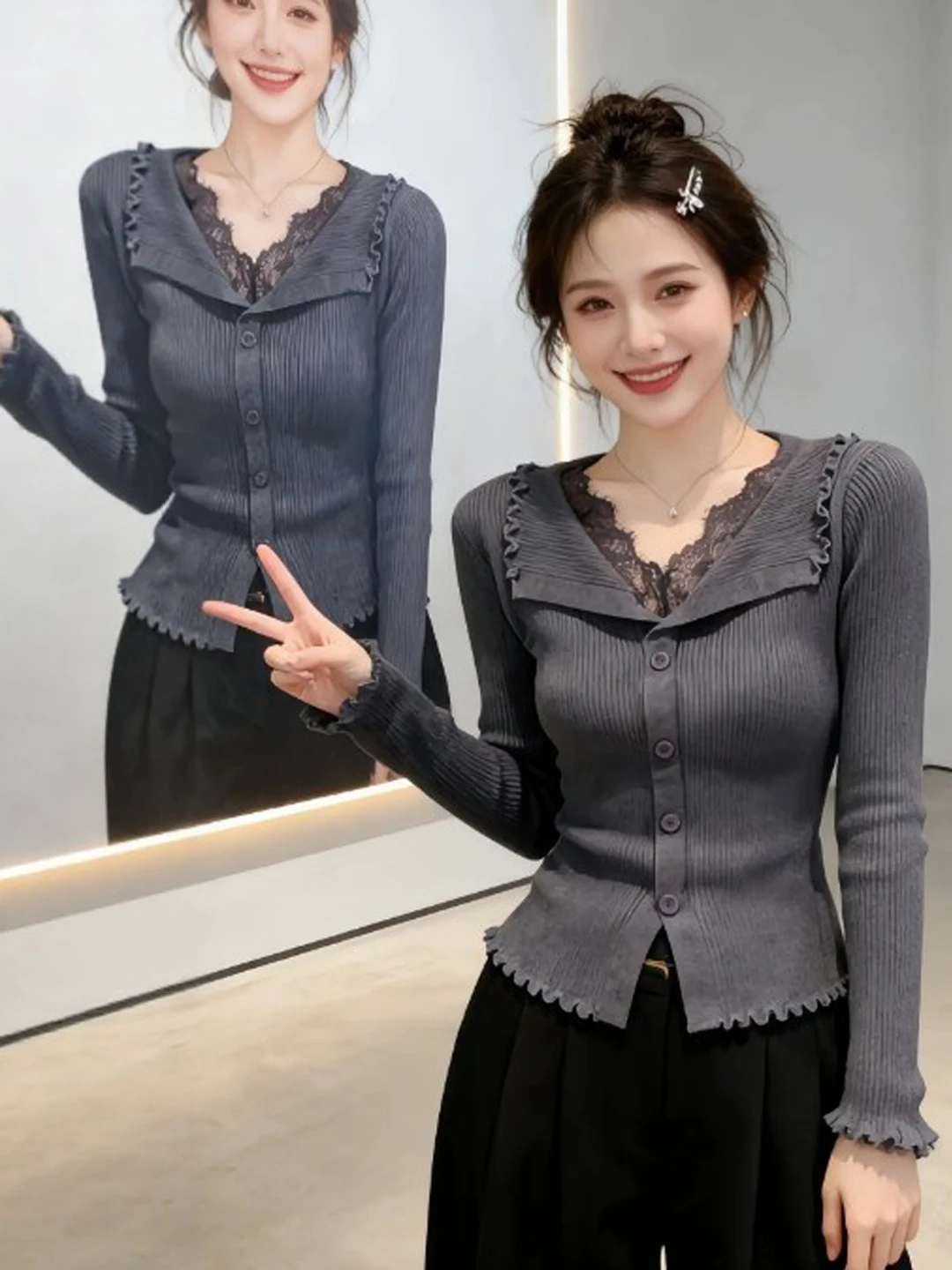 

Вязаный свитер для похудения Unique Gentle Sle Spring Faion Маленький уникальный топ из хлопка Long Sve French Sle ort Coat