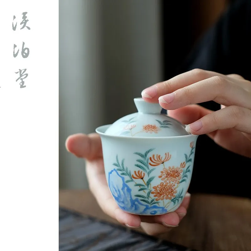 

Цзиндэчжэнь, антикварные шины, чистый ручной рисунок, горный камень, цветение персика, фарфоровый набор, чаша 120 мл